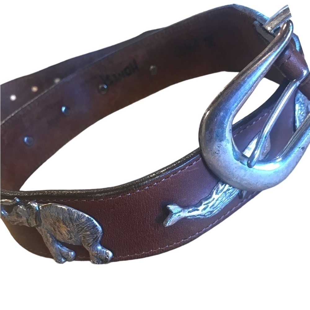 Vintage Brighton Honest Leather Brass Wildlife Belt Brown Silver Tone Size 30